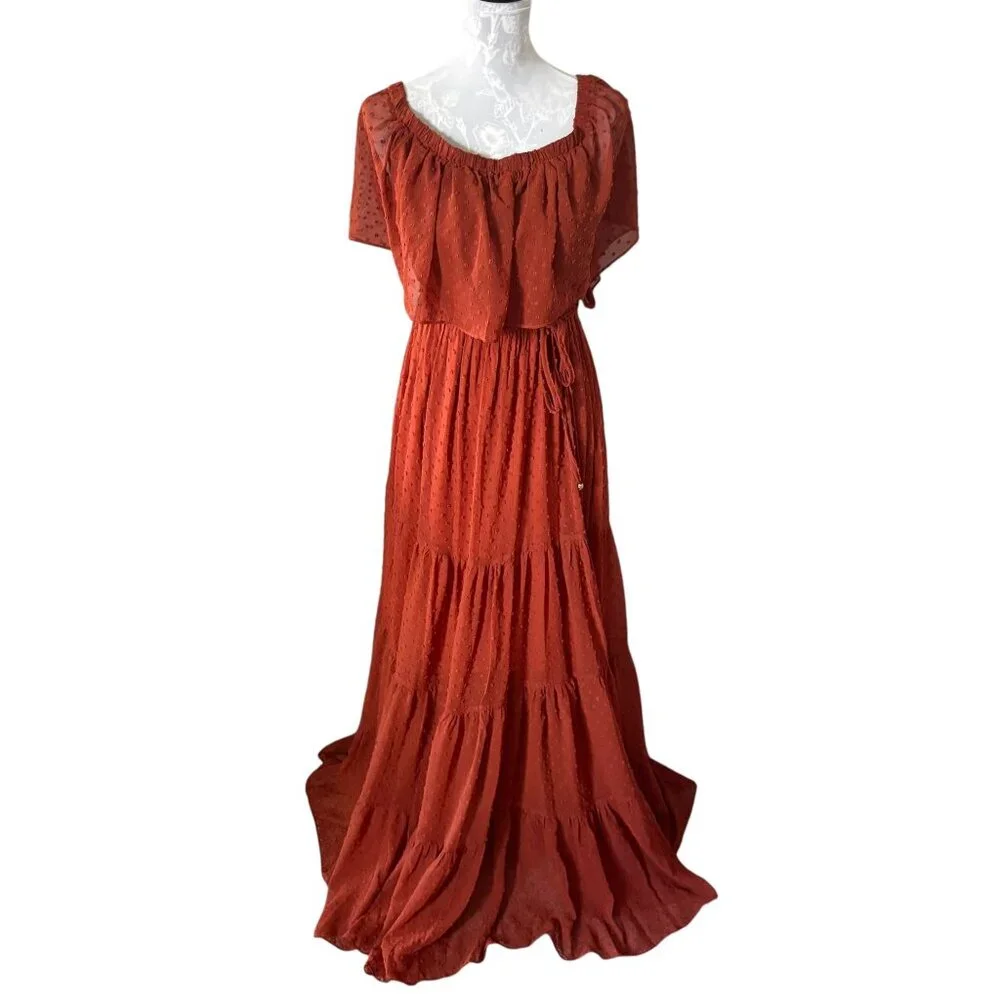 Baltic Born Swiss Dot Off The Shoulder Tiered Maxi Dress LARGE NWT - Picture 1 of 5
